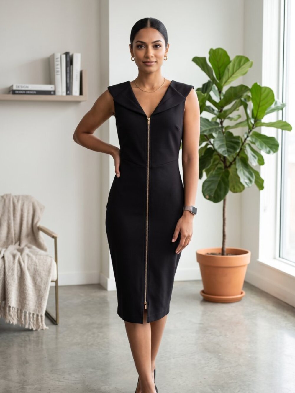 Enfocus Studio Gold Zip Architectural Collar Sheath Midi Dress Black Size 8